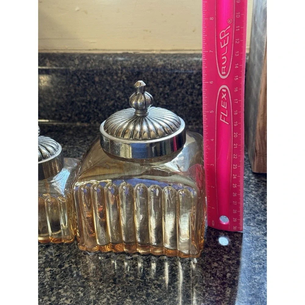 2- ANDREA by SADEK CANISTER/CONTAINERS Iridescent Amber/Gold‎  Silver Tone Lids